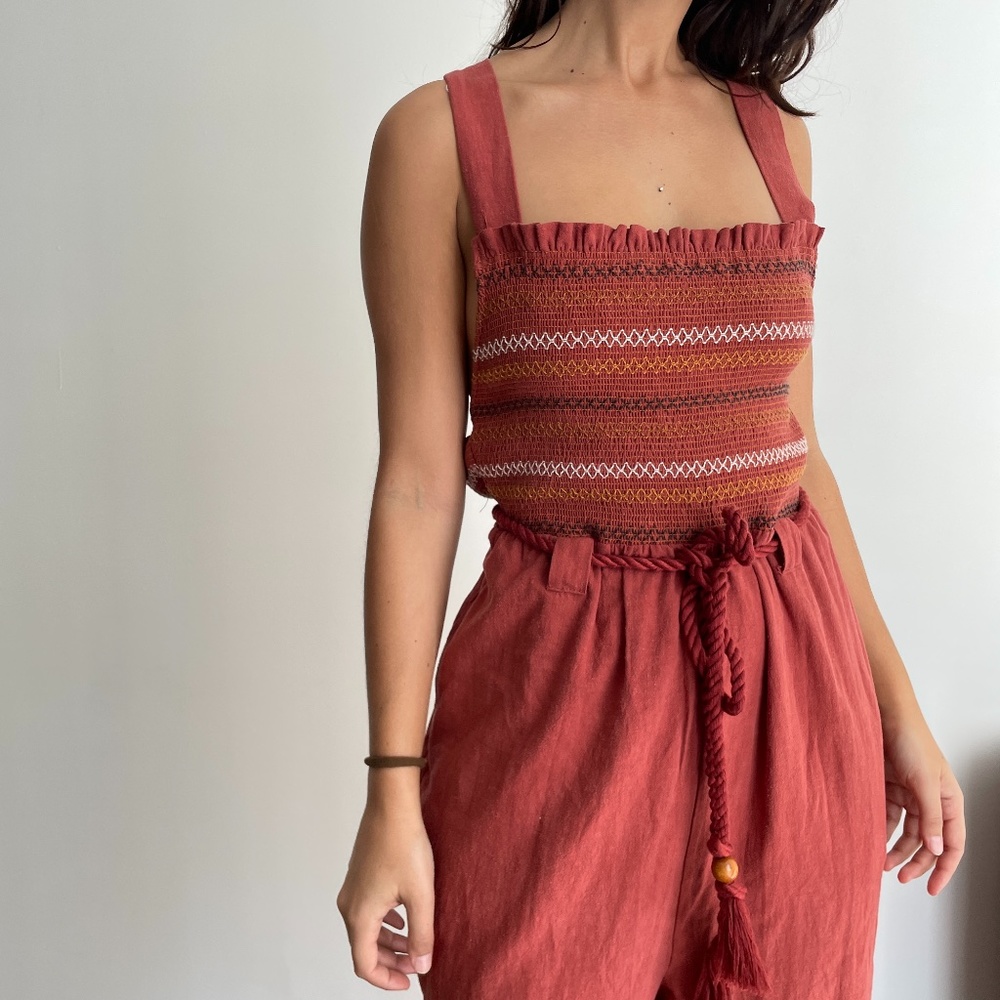 NWT Free People linen blend smocked one piece burnt orange jumpsuit L